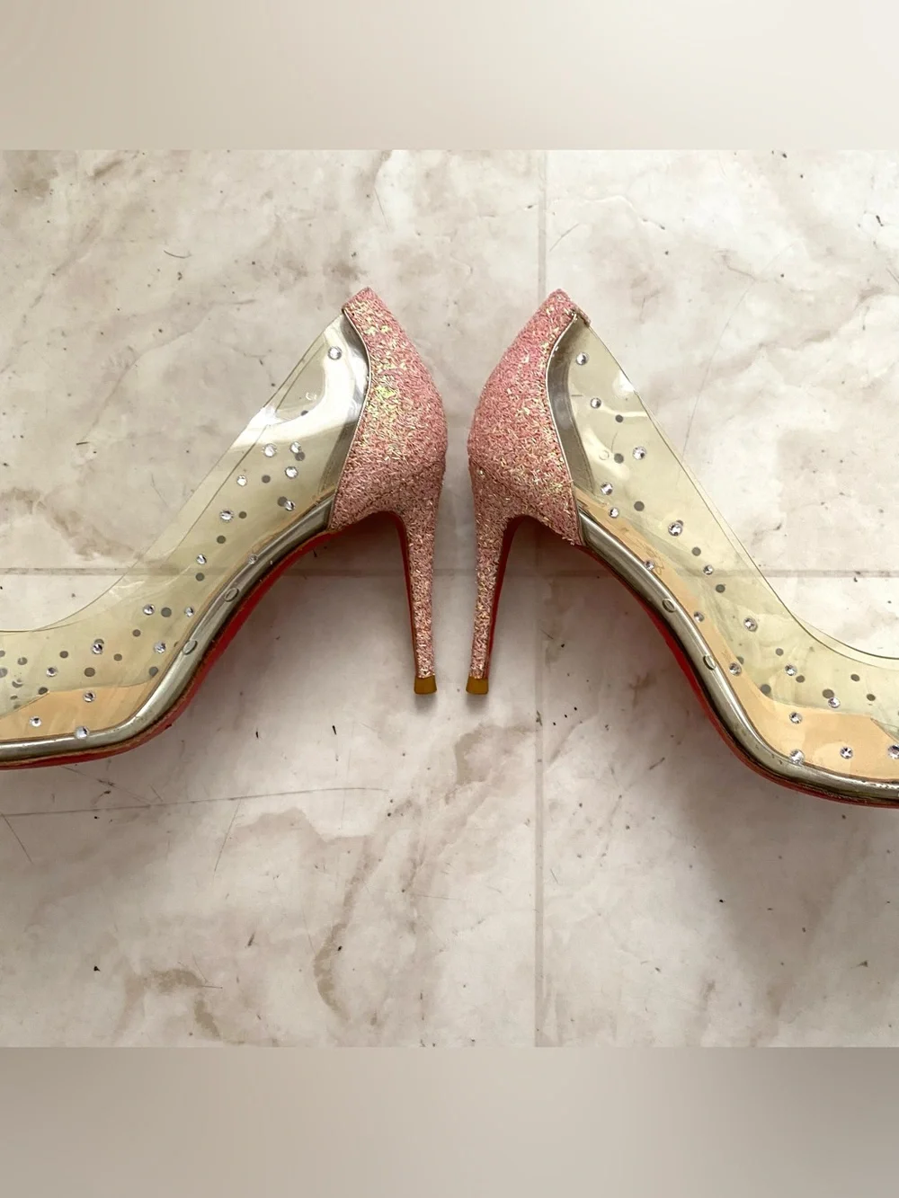 $1495 Christian Louboutin Degrastrass PVC Crystal Pink Glitter Pumps Heels 6/36